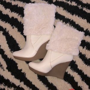 CREAM WEDGED BOOTIES - FAUX LEATHER AND FUR
